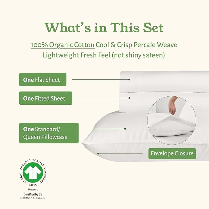 California Design Den XL Twin Sheets Set - Soft 100% Organic Cotton Sheets with Deep Pockets, Crisp Percale, Breathable and Durable Bedding, Dorm Essentials for Guys - True Ivory
