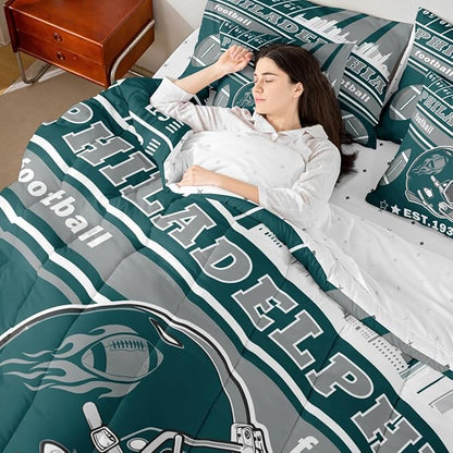 Feelyou Football 7 Pieces Comforter Sets Twin Size Kids Rugby Sports Bedding Set for All Season Football City Bed in a Bag with Comforter, Sheets, Pillowcases & Cushion Cover
