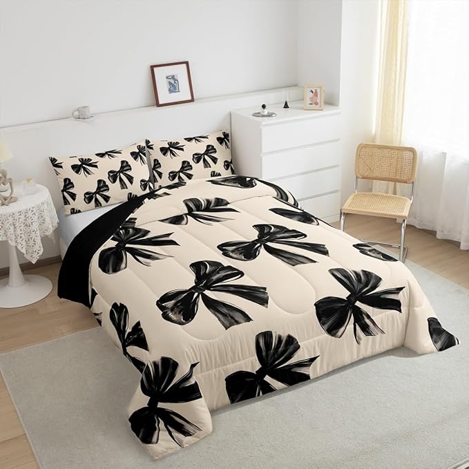 Erosebridal Bow Bedding Set Full Black Bow Tie Bedding Comforter Sets for Kids Teen Adults Room Decor,Watercolor Bowknot Comforter Set Black White Simple Decor Bed Duvet Set
