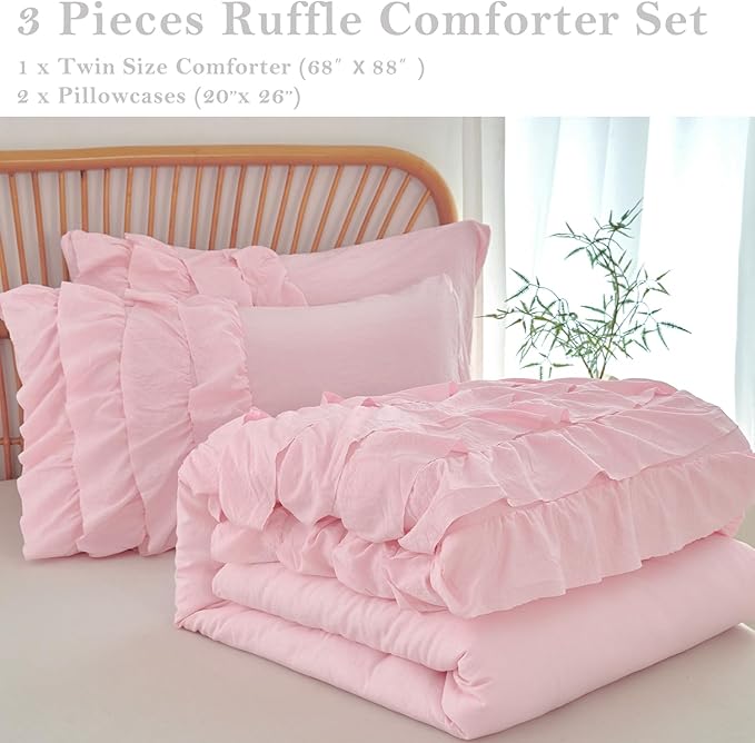 PERFEMET Pink Ruffled Comforter Set Twin Multi-Layers Ruffle Bedding for Girls Princess Bedding Set Kids Chic Room Decor (Light Pink，Twin)