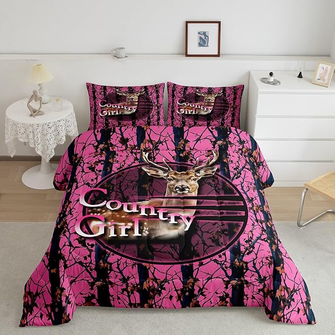 Erosebridal Deer Hunting Camo Full Comforter Set,Pink Camouflage Bedding Sets for Girls Boys Kids,Rustic Lodge Cabin Quilt Bed Set,Country Hunter Room Decor with 2 Pillowcases,Breathable