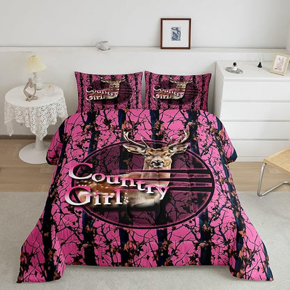 Erosebridal Deer Hunting Camo Full Comforter Set,Pink Camouflage Bedding Sets for Girls Boys Kids,Rustic Lodge Cabin Quilt Bed Set,Country Hunter Room Decor with 2 Pillowcases,Breathable
