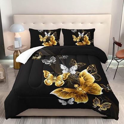 Butterfly Comforter Set for Adults Black and Gold Butterfly Bedding Set Aesthetics Butterflies Quilt Duvet Set Queen Size with 1 Comforter and 2 Pillowcases