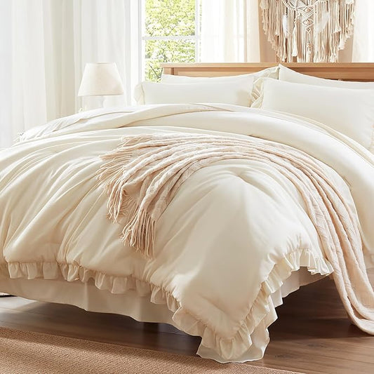 Anluoer Queen Comforter Set 7 Piece, Cream Bed in a Bag with Sheets, All Season Ruffle Shabby Chic Bedding Sets with 1 Comforter, 2 Pillow Shams, 2 Pillowcases, 1 Flat Sheet, 1 Fitted Sheet