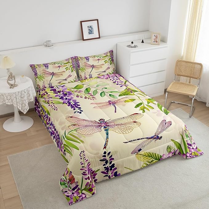 Erosebridal Spring Flowers Down Comforter Wisteria Dragonfly Bedding Set Full Rustic Farmhouse Purple Floral Dragonflies Comforter Set for Women Girls Green Watercolor Botanical Leaf Quilt Duvet