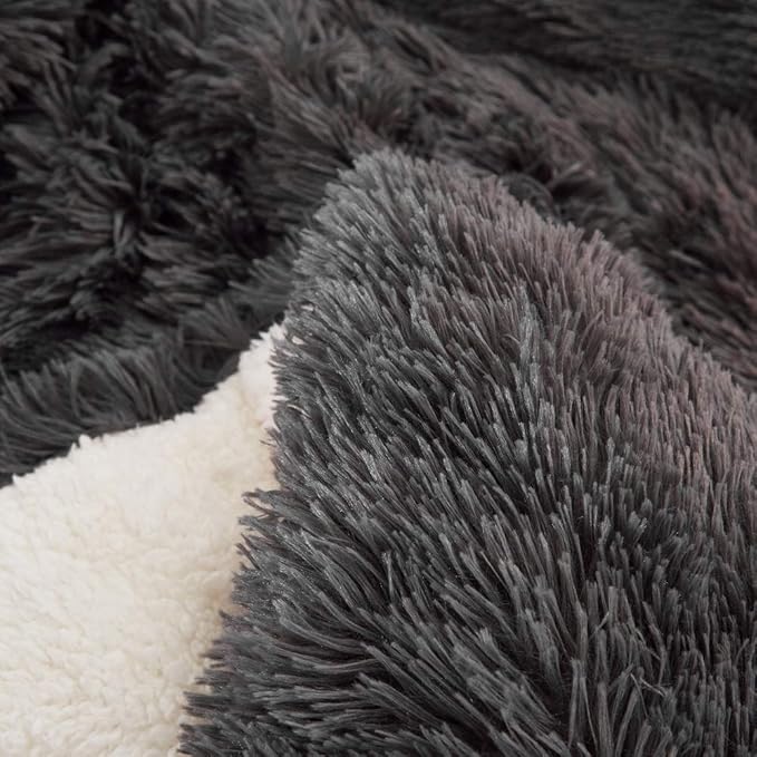 Flysheep Luxury Faux Fur Twin Size Winter Comforter Set Shaggy Velvet Dark Gray/Black Long Hair, 3 Pieces Plush Flannel Sherpa Backing Reversible Soft Microfiber Super Warm Bedding Set for Holiday