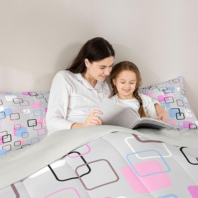 Erosebridal Pink Blue Geometric Square Comforter Set King Modern Abstract Striped Bedding Set Pastel Plaid Grid Comforter for Kids Girls Boys Aesthetic Gingham Checkered Quilt Duvet