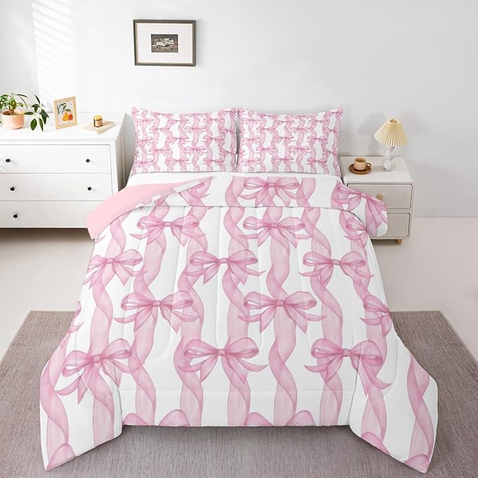 Girls Pink Bow Comforter Set King Size,Sweet Bow Ribbon Print Bedding Sets 3Pcs,Princess Style Girly Quilted Duvet for Kids Teens Woman Youth Room Decor,Bowkont Lines Down Comforter,2 Pillowcases