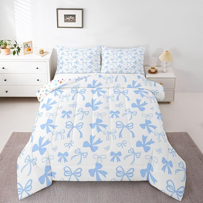 Erosebridal Cute Blue Bow Bedding Set King Size,Dreamy Princess Style Bowknot Comforter Set for Girls Kids Teen,Cute Kawaii Bow Bedding Comforter Sets Girly Coquette Blue Butterfly Knot Quilt