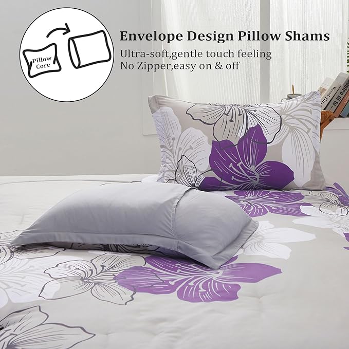 Menghomeus Floral Comforter Set King Purple Floral Pattern Printed on Grey, Soft Microfiber Bedding Set Lightweight Bed Set for All Season (1 Comforter, 2 Pillowcases)