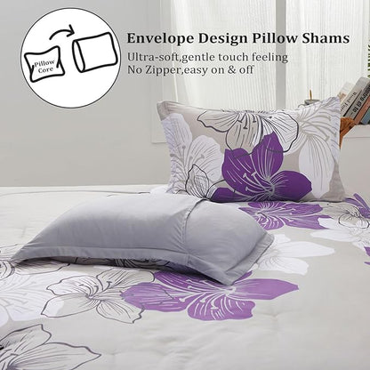 Menghomeus Floral Comforter Set King Purple Floral Pattern Printed on Grey, Soft Microfiber Bedding Set Lightweight Bed Set for All Season (1 Comforter, 2 Pillowcases)