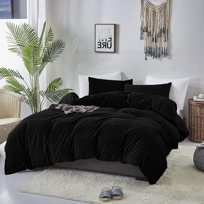 KAREVER Black Velvet Comforter Set Twin Flannel Kids Velvet Bedding Comforter Set 3 PCs Warm Soft Solid Black Twin XL Flannel Comforter Winter Blanket Set