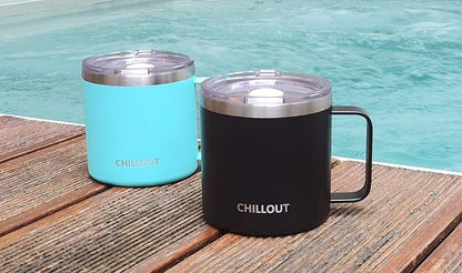 CHILLOUT LIFE Stainless Steel 16 oz Vacuum Insulated Coffee Mug with Handle and Lid, Large Thermal Camping Coffee Mugs with Sliding Lid for Men & Women - Keeps your Beverages Hot/Cold, 2 Pack