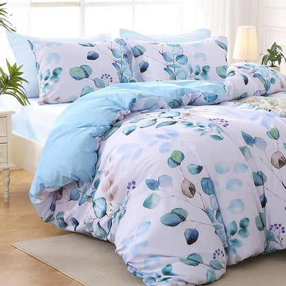 MUXHOMO Bed in a Bag Queen 7 Pieces, Queen Comforter Set Reversible Blue Botanical Flowers Design, Ultra Soft & Breathable Bedding Sets with Comforter, Sheets, Pillowcases & Shams