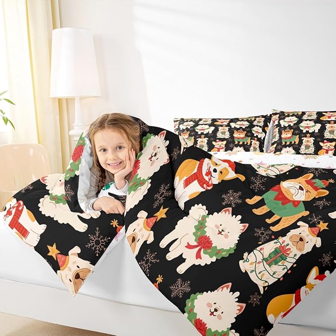Castle Fairy Christmas Pets King Size Comforter/Duvet Set,Cute Puppy Dog Animal Ultra Soft Bed Collection,Merry Christmas Theme Bedding for Room Decor 3 Pcs,Microfiber Breathable