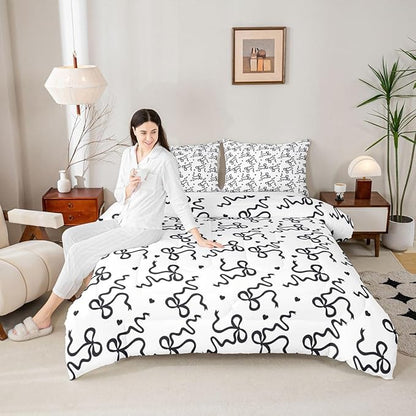Castle Fairy Bow Love Heart Print Comforter Set Twin Size,Black Bowknot Bedding Sets 2Pcs for Kids Girls Women Room Decor,Butterfly Tie Knot Quilted Duvet Princess Girly Down Comforter,1 Pillowcase