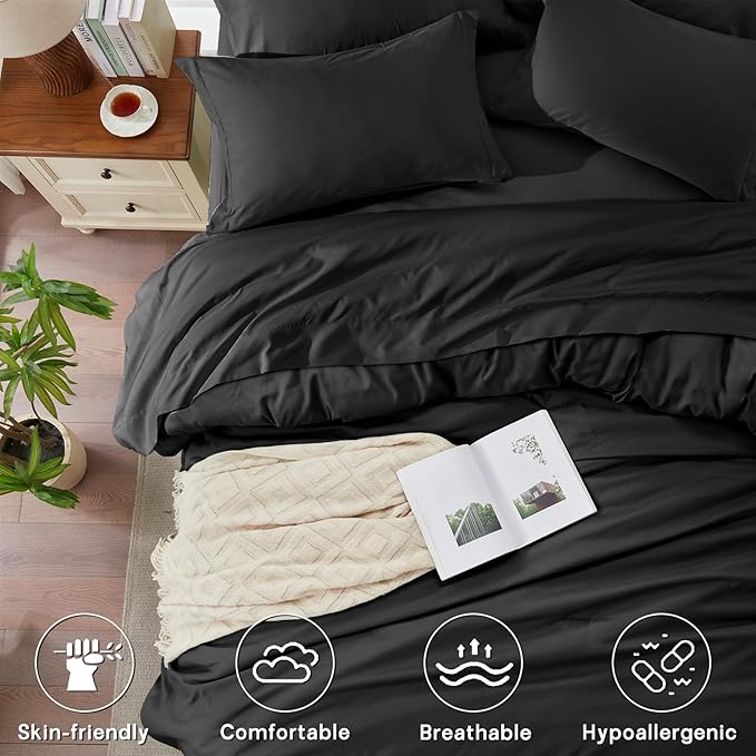 Anluoer Full Size Comforter Sets - 7 Pieces Bed in a Bag Full, Black Lightweight Bedding Sets with 1 Comforter, 2 Pillow Shams, 2 Pillowcases, 1 Flat Sheet, 1 Fitted Sheet