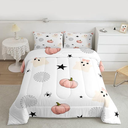 Erosebridal Kids Halloween Ghost Toddler Bedding Set, Pink Pumpkin Comforter Set for Girls Boys Teens Women Cute Halloween Decor, Funny Ghost Spider Web Comforter Star Quilt