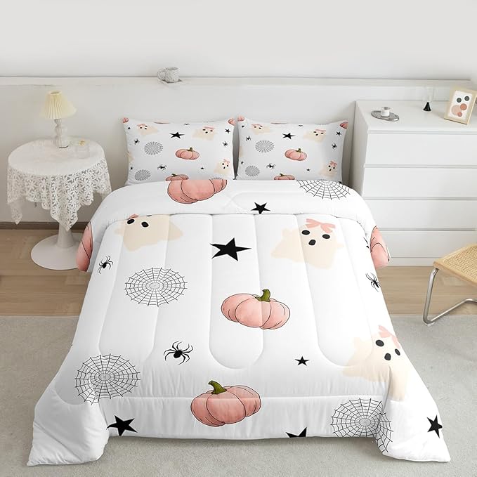 Erosebridal Kids Halloween Ghost King Bedding Set, Pink Pumpkin Comforter Set for Girls Boys Teens Women Cute Halloween Decor, Funny Ghost Spider Web Comforter Star Quilt