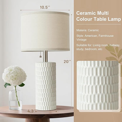 20.5" Modern Ceramic Table Lamps for Bedroom Set of 2, Bedside Lamps for Night Stands with Beige Lampshade, Farmhouse Table Lamp for Living Room Office Dorm, White