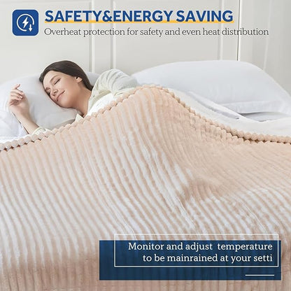 Sealy Electric Blanket Queen Size, Soft Ribbed Flannel to Sherpa Reversible Heated Blanket with Dual Control 10 Heat Settings & 1 to 12 Hours Auto-Off 84"x90" Machine Washable, Beige