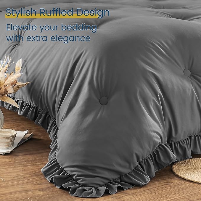 QUIETSEA Twin Bed in a Bag 5 Pieces Comforter Set Twin, Ruffle Shabby Chic Bedding Comforter Set Dark Grey Bed Set with Comforter, Pillowcase, Flat Sheet, Fitted Sheet and Pillow Sham
