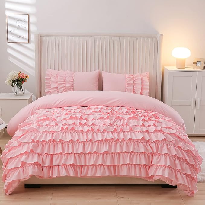 Holawakaka Pink Waterfall Ruffle Comforter Set Twin Size Multi-Layers Ruffled Shabby Chic 3PCS Bedding Set for Girls Women