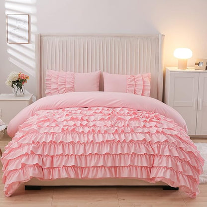 Holawakaka Pink Waterfall Ruffle Comforter Set Twin Size Multi-Layers Ruffled Shabby Chic 3PCS Bedding Set for Girls Women