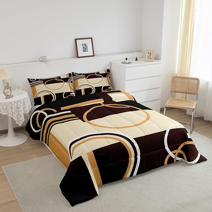 Erosebridal Modern Geometric Comforter Set Queen Size Brown Black Stripes Down Comforter for Kids Adult Retro Circle Swirls Bedding Set Bedroom Decor Abstract Texture Color Art Comforter