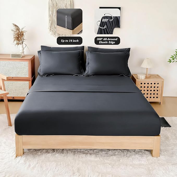 Double Brushed Micorfiber King Comforter Set Carbon Black- 7-Piece Bed in a Bag, All-Season Soft Bedding with Sheets & Envelope Pillowcases (102"x90",King)
