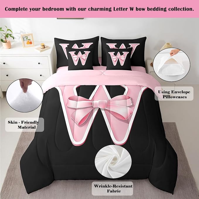 jejeloiu Kawaii Pink Bow Queen Comforter Set with Sheets,Gifts for Women Teen Girl,Monogrammed 7 Piece Bedding Set,Soft Personalized Initial Letter W Bed in a Bag with Comforter,Sheets,Pillowcases