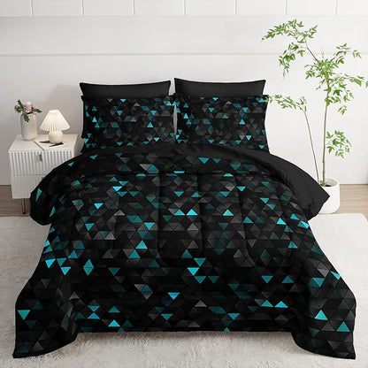 Geometric Turquoise Black Triangle Full Comforter Set, Light Honeycomb Bedding Set 7 Piece in A Bag,Bed Sheet Set Geometry Decor,Microfiber Lightweight All Season