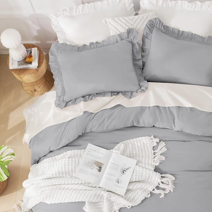 Andency Silver Gray Comforter Set Queen Size, 3 Pieces Shabby Chic Ruffle Bedding Comforter Sets for Queen Bed, Lightweight Fluffy Soft Microfiber Farmhouse Comforter Set