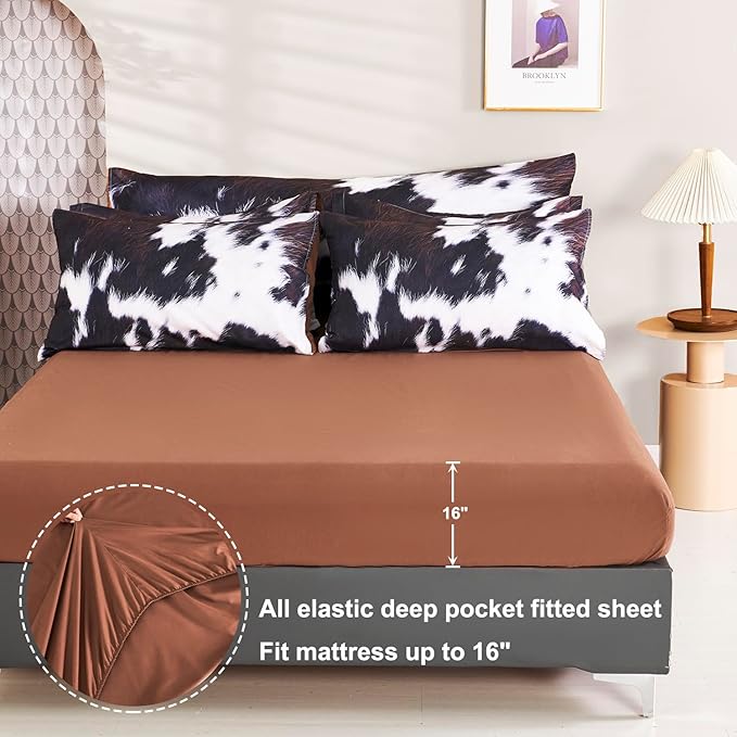 SUCSES 8 Pieces California King Comforter Set with Sheets, Cal King Size Cow Fur Print Bedding Set for Kids Teens Boys Girls, Western Style Highland Cowhide Farmhouse Bed in A Bag