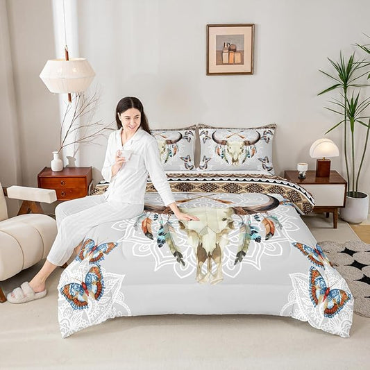 Western Bull Skull Comforter Set Queen Size,Tribal Arrow Feather Butterfly Bedding Set,Mandala Floral Print Quilt Set for Kids Girls Boys Room Decor,Vintage Boho Brown Grey Duvet Insert 3Pcs