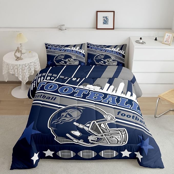 Feelyou Football Bedding Set Boys Girls Full Size Rugby Sports Comforter Set Sports Themed Women Men Football City Duvet Quilt Gray Blue Bedroom Decor