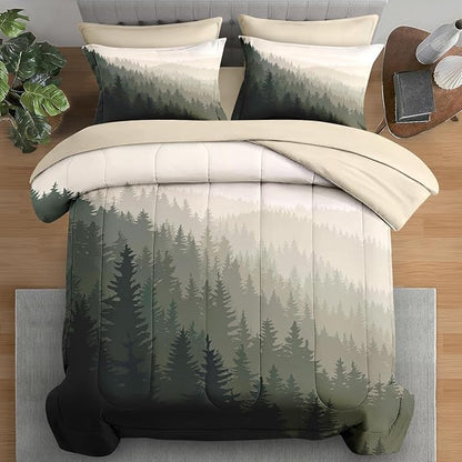 Comforter Set King Size, Mountain Pine Tree 7 Pcs Bedding for Kids and Adults, Natural Forest Landscape Bed Sheet Sets with Fitted Sheet 2 Pillowcases & 2 Shams