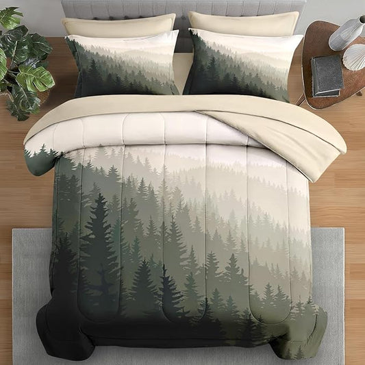 Comforter Set King Size, Mountain Pine Tree 7 Pcs Bedding for Kids and Adults, Natural Forest Landscape Bed Sheet Sets with Fitted Sheet 2 Pillowcases & 2 Shams