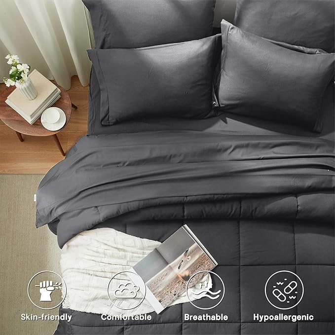 Anluoer Full Size Bed in a Bag 7 Pieces, Dark Grey Bed Comforter Set with Sheets, All Season Bedding Sets with 1 Comforter,2 Pillow Shams,2 Pillowcases, 1 Flat Sheet,1 Fitted Sheet