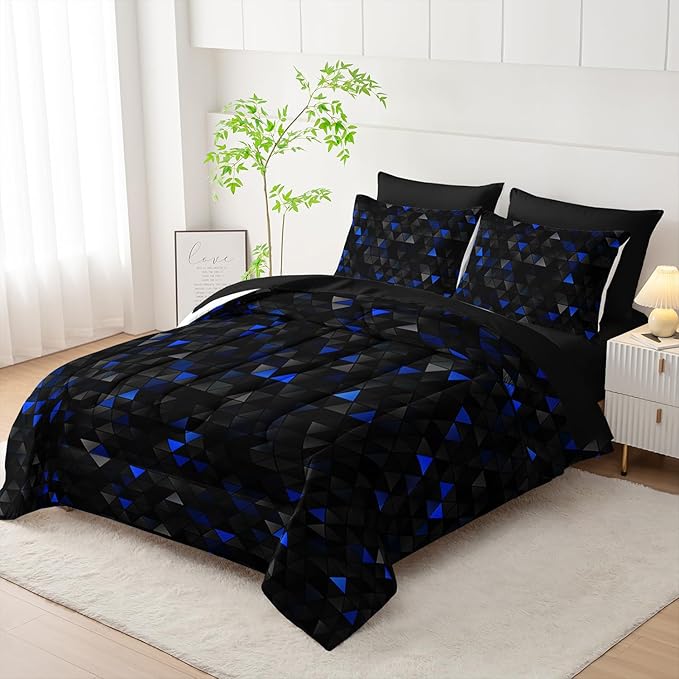 Geometric Blue Black Triangle King Size Comforter Set,Light Honeycomb Bedding Set 7 Piece in A Bag,Bed Sheet Set Geometry Decor,Microfiber Lightweight All Season