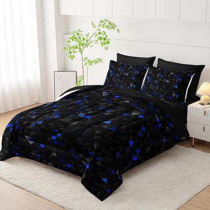 Geometric Blue Black Triangle Twin Size Comforter Set,Light Honeycomb Bedding Set 7 Piece in A Bag,Bed Sheet Set Geometry Decor,Microfiber Lightweight All Season