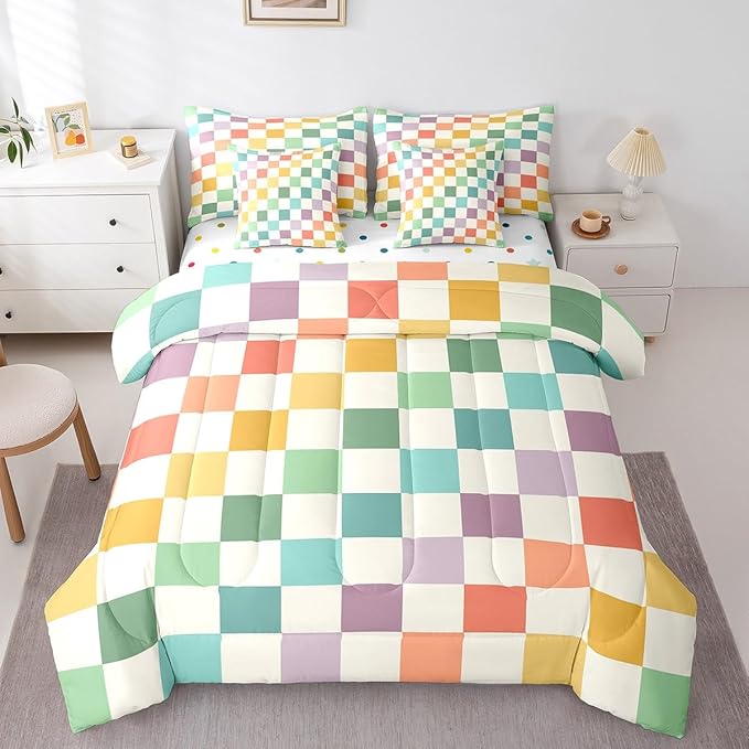 Feelyou Multicolored Checkered Retro 7 Piece Bedding Set Kids Boys Geometric Vintage Comforter Set with Sheets King Size Green Yellow Colorful Bed in a Bag Modern Simple Groovy Aesthetic Room Decor