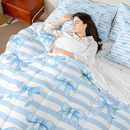 Erosebridal Bowknot Girls White Blue Kawaii Full Comforter Set 7 Pieces | Cute Bow Bed in A Bag for Bedroom Geometric Bedding Set with Comforters Stripe Room Decor