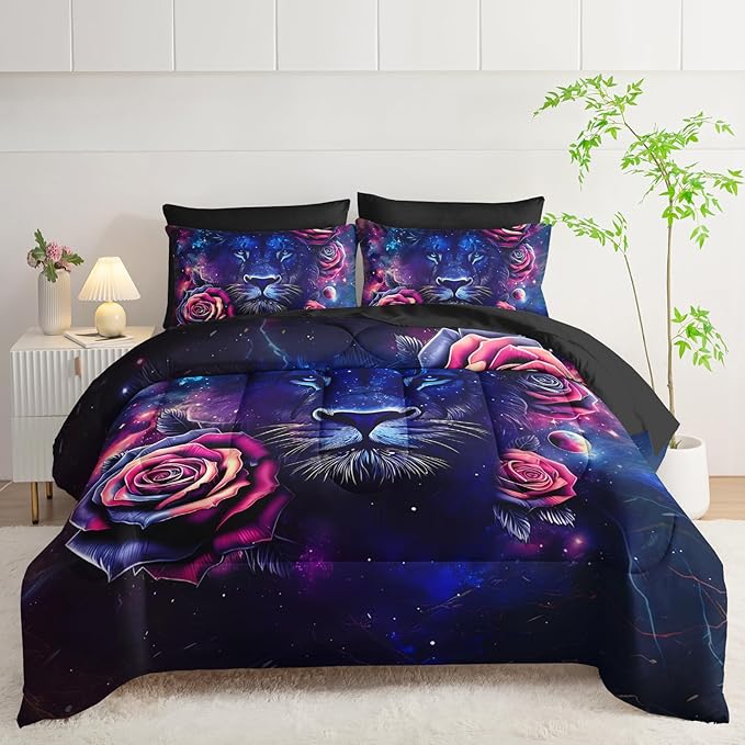 7 Pieces Lion Comforter Set Full，Rose Bedding Set Full,Animal Bedroom Decor (1 Comforter, 1 Flat Sheet, 1 Fitted Sheet, 2 Pillowcase and 2 Pillow Sham)