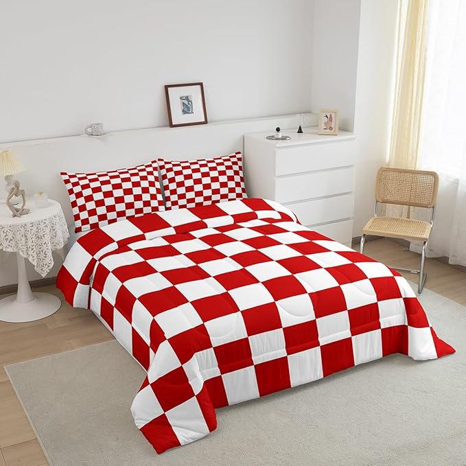 Feelyou Checkered Retro Bedding Set Teen Women Men Red White Plaid Comforter Set Queen Size Kids Boys Girls Geometric Vintage Duvet Insert Modern Simple Groovy Aesthetic Room Decor