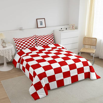 Feelyou Checkered Retro Bedding Set Teen Women Men Red White Plaid Comforter Set Full Size Kids Boys Girls Geometric Vintage Duvet Insert Modern Simple Groovy Aesthetic Room Decor