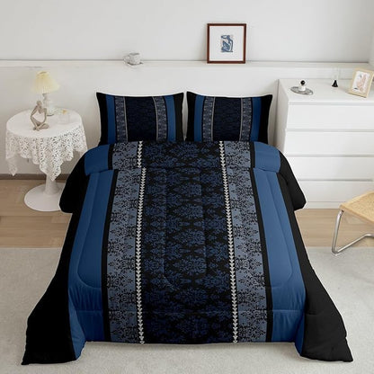 jejeloiu Adult Classic Jacquard Bedding Set Toddle Size Damask Pattern Comforter Set for Boys Girls Black Blue Stripe Duvet Set Baroque Quilt Set 2Pcs