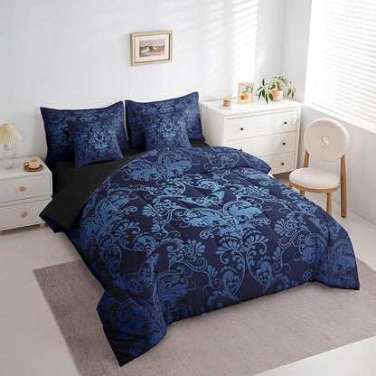 Erosebridal Gothic Damask Comforter Set 7 Piece Bed in a Bag Twin,Butterfly Skull Bedding Sets Blue Victorian Floral Goth Sheet Set with Comforter