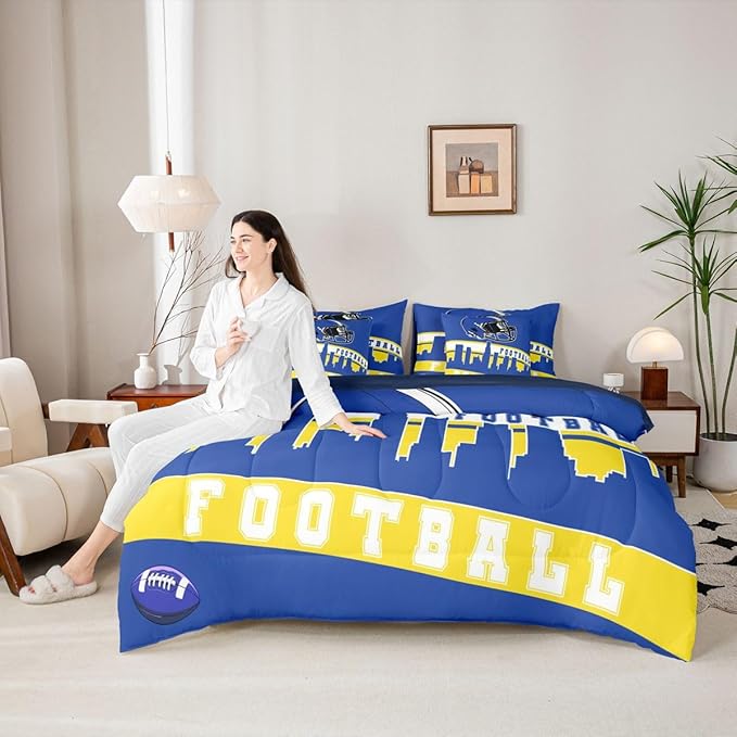 Erosebridal Football City 7 Pcs Comforter Set Twin Football Bedding for Boys Girls Blue Rugby Game Sheet Set Bed in A Bag Football Fans Bedroom Decor Sports Ball Team Bed Set