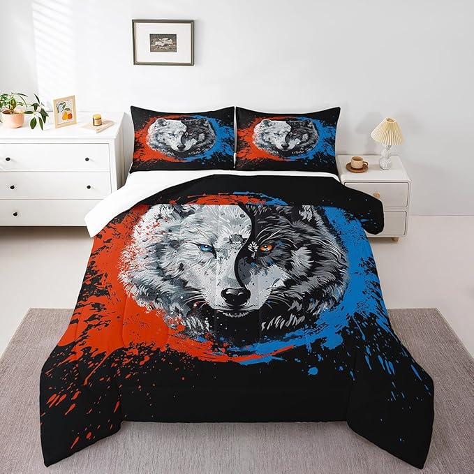 Manfei Tai Chi Wolf Comforter Toddler,Taekwondo Safari Animals Black White Quilt Comforter with 1 Pillowcase,Traditional Chinese Paint Graffiti Red Blue Bedding Set Comfortable,Soft and Breathable